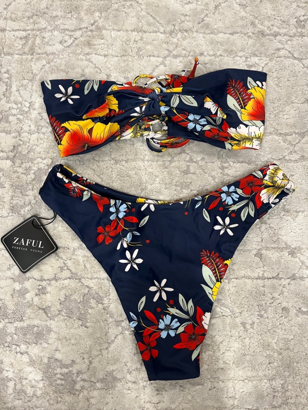 Zaful Navy Floral Tie-Front Bandeau Bikini Set